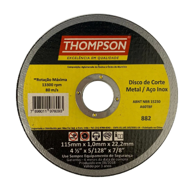 Disco Corte Metal Inox 4 1/2”X1,0mmx7/8” Thompson - Ref.882