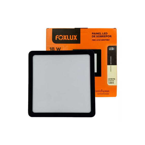 Painel Led Quadrado Sobrepor 18w Preto 6500k Foxlux - Ref.LED90.250