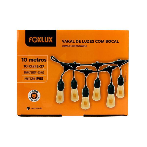 Varal De Luzes Com Bocal E-27 10m Foxlux - Ref.43.13