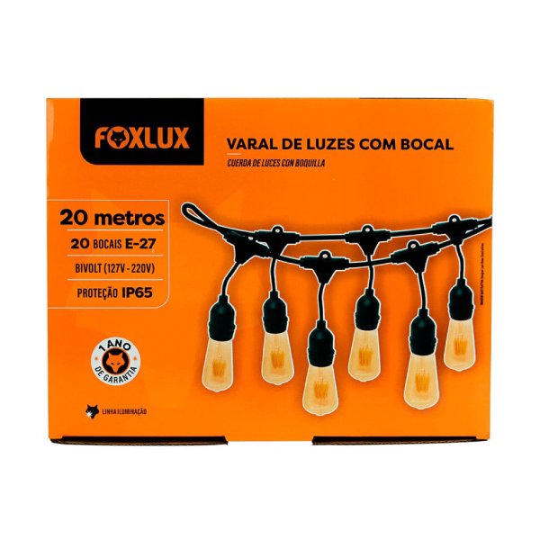 Varal De Luzes Com Bocal E-27 20m Foxlux - Ref.43.14