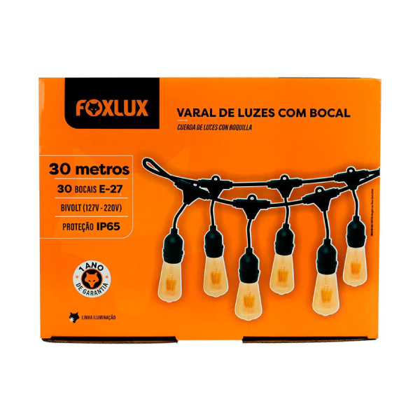 Varal de Luzes Com Bocal E-27 30m Foxlux - Ref.43.15