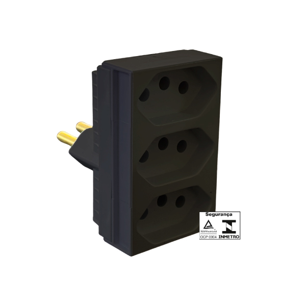 Pino Adaptador 3 Saidas Monobloco 2P+T 20A 250V Preto Ilumi - Ref.12320
